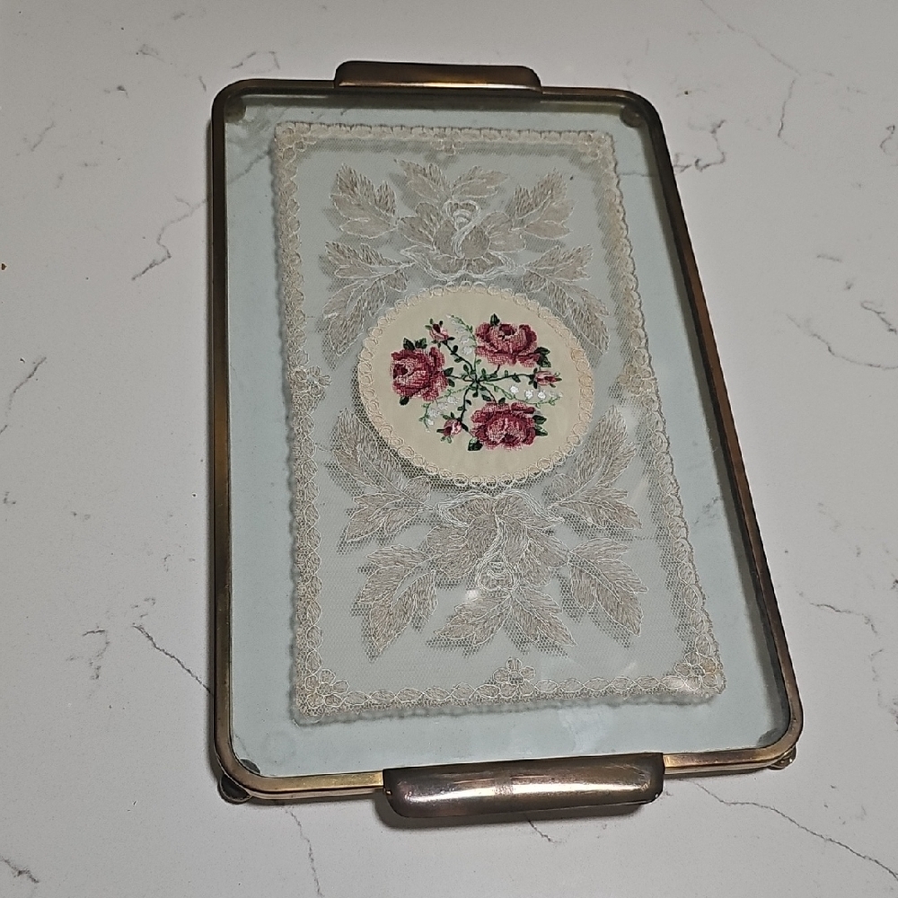 Vintage Brass Elegant Floral Embroidered Tray